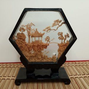 Chinese Hexagonal Landscape Corkwood Hand Carved Diorama Display Fukien / Fujian